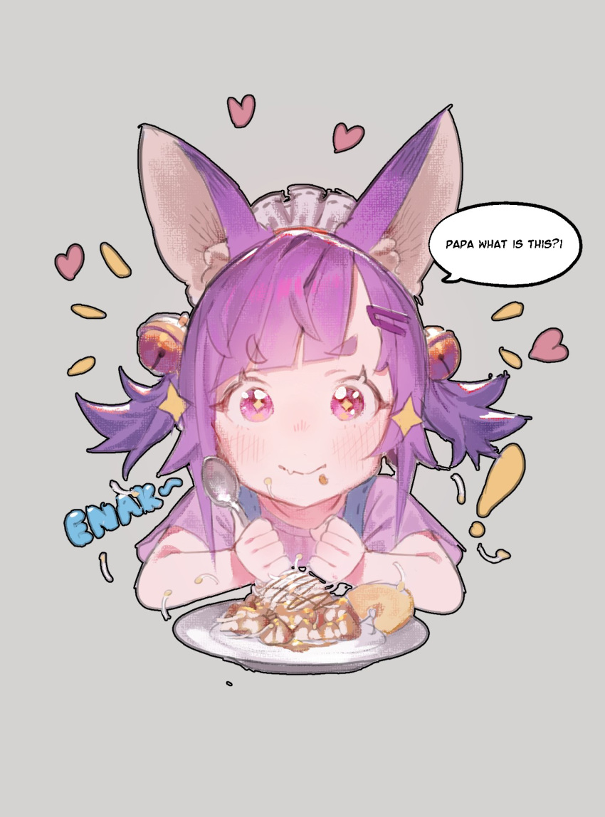! 1girl animal_ears bell blush closed_mouth diamond-shaped_pupils english_text fang fang_out food godekasu grey_background hair_bell hair_ornament hairband hairclip heart highres holding holding_spoon jingle_bell original plate purple_eyes purple_hair simple_background skin_fang smile solo spoon symbol-shaped_pupils