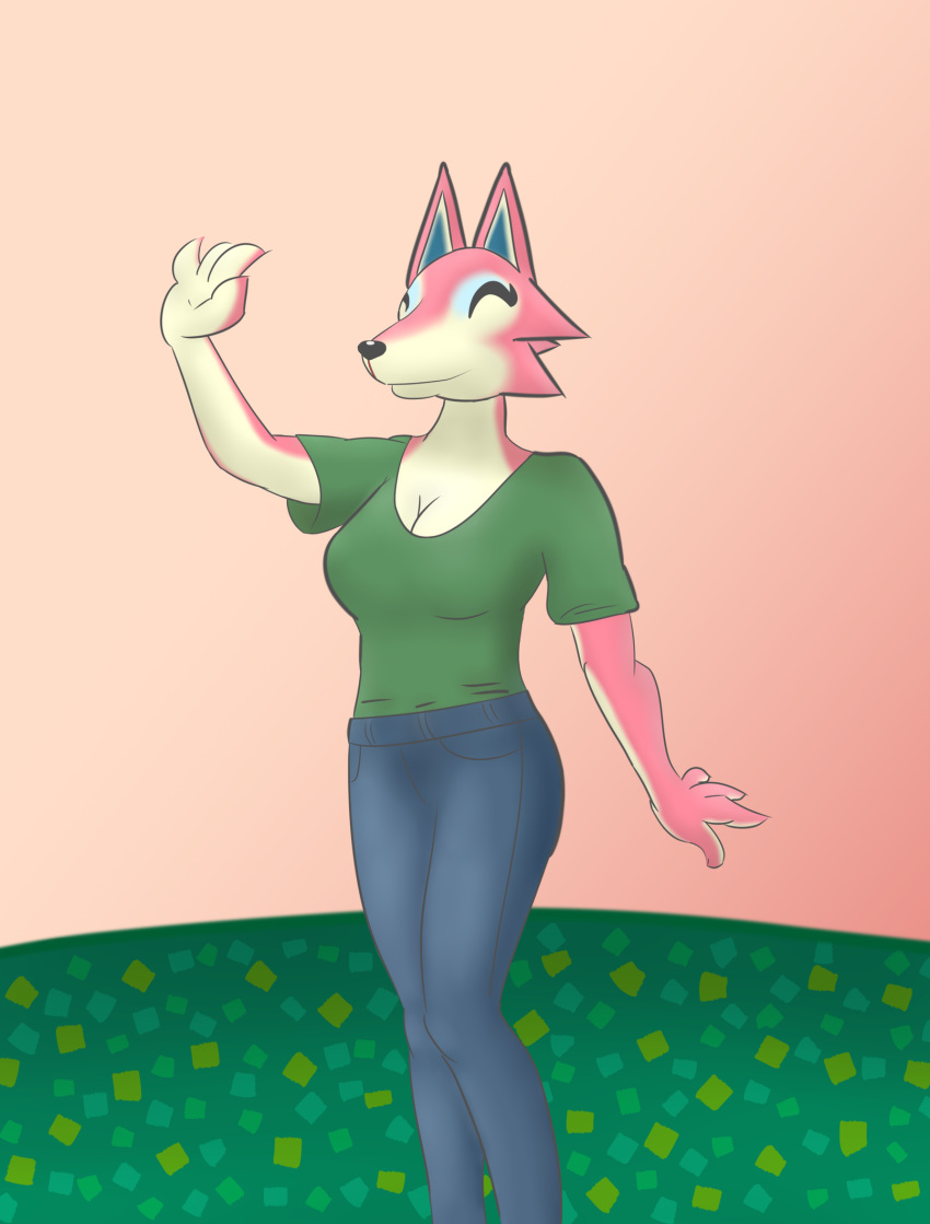 animal_crossing anthro bottomwear breasts canid canine canis clothed clothing doctorlizard eyes_closed female freya_(animal_crossing) fully_clothed fur gesture happy hi_res jeans mammal nintendo pants pink_body pink_fur shirt solo t-shirt topwear video_games waving wolf