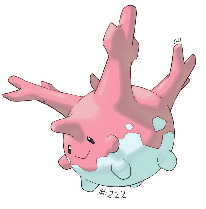 black_eyes closed_mouth commentary corsola creature english_commentary full_body gen_2_pokemon no_humans number pinkgermy pokemon pokemon_(creature) pokemon_number signature smile solo transparent_background