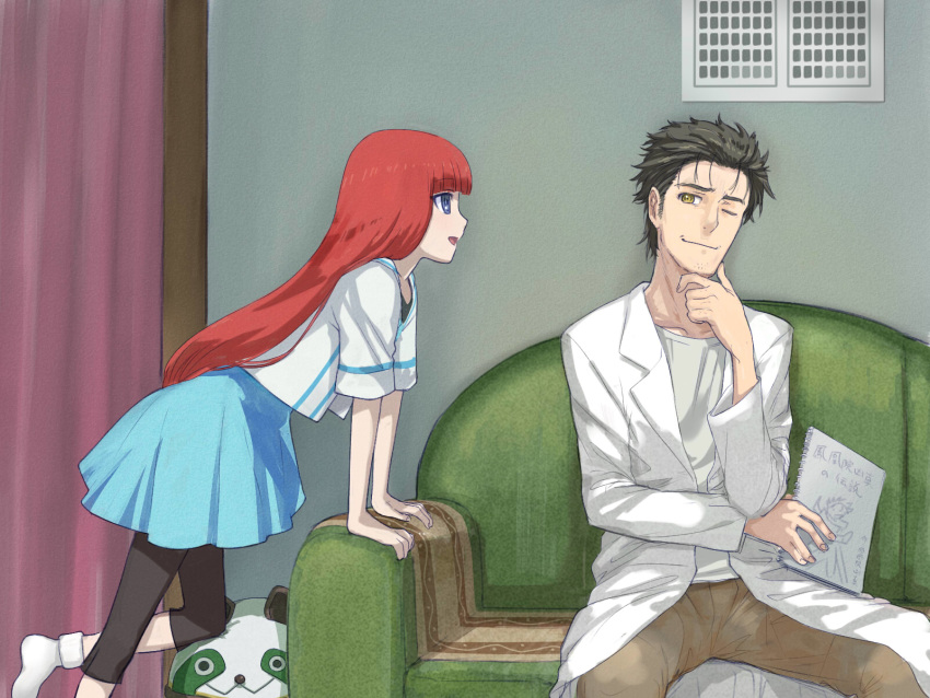 1boy 1girl :d ;) black_hair black_pants blue_dress blue_eyes brown_pants collarbone couch dress from_side highres holding indoors labcoat leaning_forward long_hair menomorute okabe_rintarou one_eye_closed open_mouth pants pants_under_dress pleated_dress profile red_hair shiina_kagari shiny shiny_hair shirt short_dress sitting smile smug steins;gate steins;gate_0 straight_hair sundress upa_(steins;gate) very_long_hair white_shirt yellow_eyes