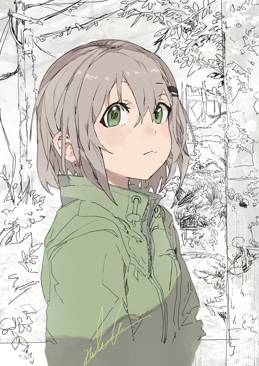 1girl :&lt; absurdres bangs bob_cut coat commentary crop_marks foliage green_coat green_eyes hair_between_eyes hair_ornament hairclip highres hiranko light_frown looking_afar monochrome_background power_lines short_hair signature solo telephone_pole transformer tree upper_body yama_no_susume yukimura_aoi