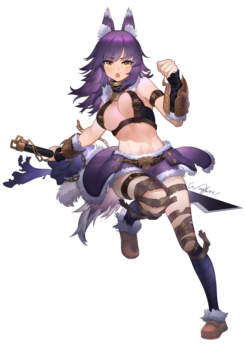 1girl absurdres animal_ear_fluff animal_ears arm_belt arm_strap bandages bouncing_breasts breasts cleavage collar cygames eyebrows_visible_through_hair fur-trimmed_shorts fur_trim highres large_breasts leg_belt looking_at_viewer makoto_(princess_connect!) metal_collar open_mouth princess_connect! princess_connect!_re:dive purple_hair purple_shorts shorts solo sword tail weapon wingure wolf_ears wolf_girl wolf_tail