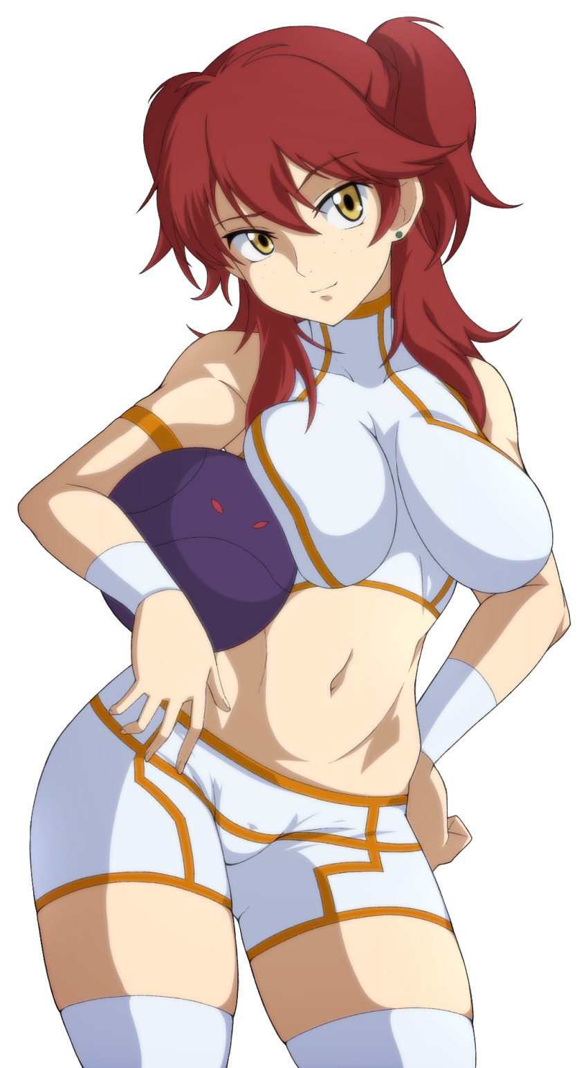 1girl bad_haro bike_shorts breasts crop_top freckles gundam gundam_00 highres large_breasts long_hair looking_at_viewer navel nena_trinity red_hair rqm55 shorts simple_background skin_tight smile solo standing thighhighs two_side_up white_background white_legwear white_shorts yellow_eyes