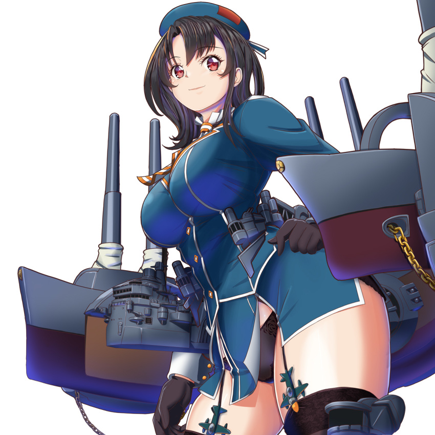 ascot beret black_gloves black_hair black_legwear black_panties blue_headwear blue_jacket blue_skirt breasts cannon garter_straps gloves hand_on_hip hat highres jacket kantai_collection large_breasts long_sleeves looking_at_viewer machinery military military_uniform miniskirt mokerou panties red_eyes rigging short_hair simple_background skirt smile smokestack takao_(kantai_collection) thighhighs turret underwear uniform white_background