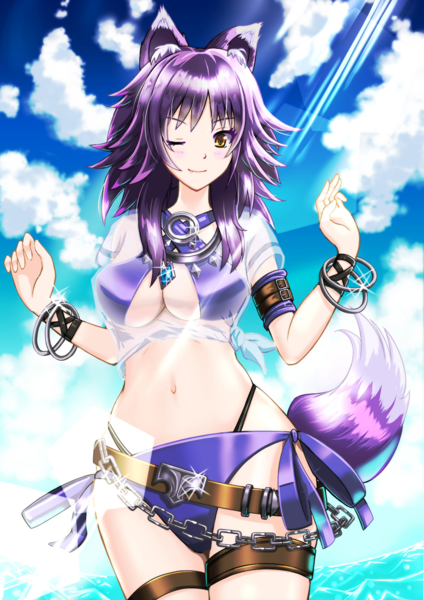 1girl animal_ear_fluff animal_ears bad_company blush breasts commentary commentary_request cygames eyebrows_visible_through_hair fang highres large_breasts makoto_(princess_connect!) midriff navel o-ring o-ring_bikini ocean one_eye_closed outdoors panties princess_connect! princess_connect!_re:dive purple_hair side-tie_panties solo swimsuit tail underboob underwear wolf_ears wolf_girl wolf_tail