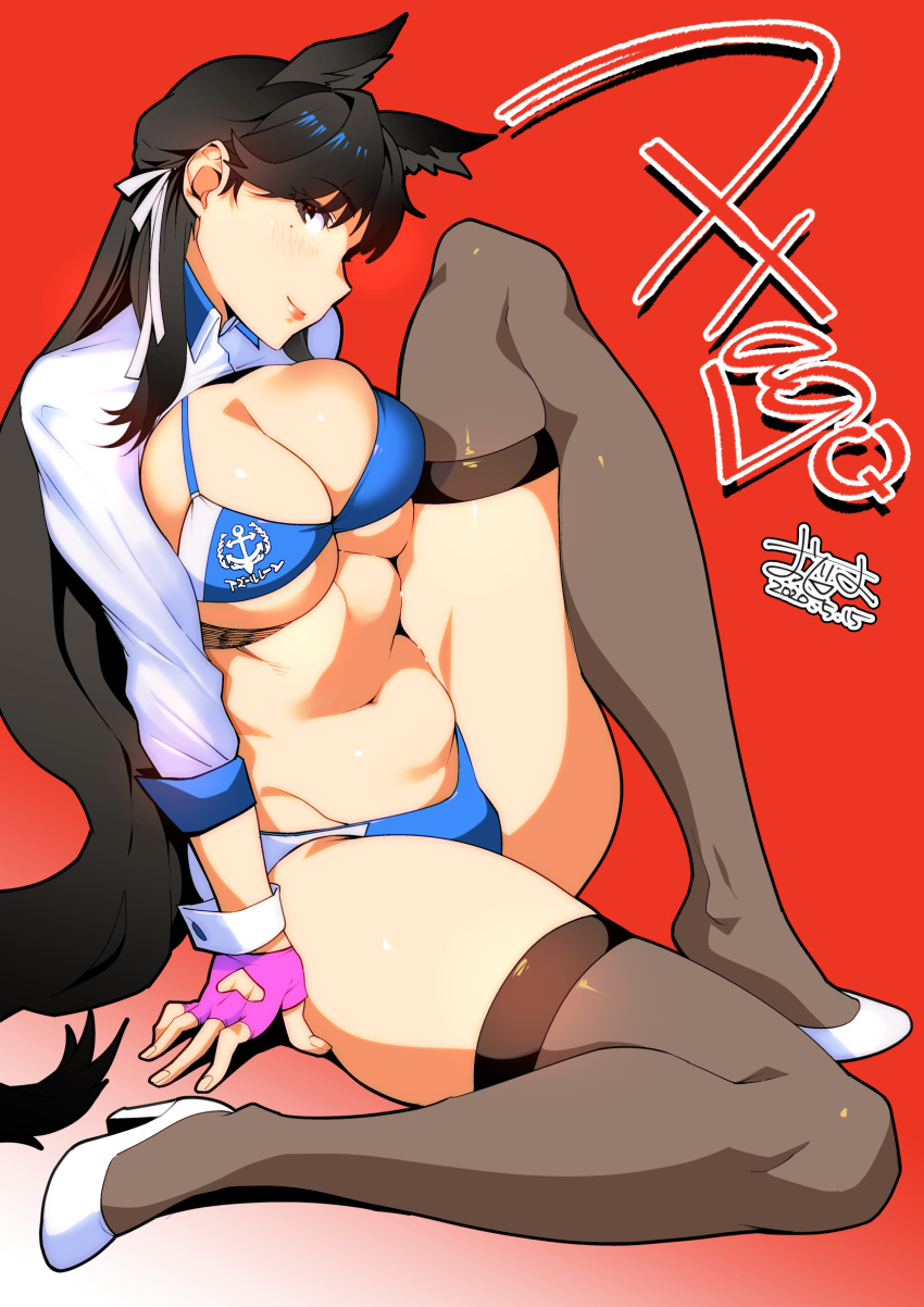 1girl animal_ears atago_(azur_lane) azur_lane bangs bikini black_legwear breasts brown_eyes brown_hair character_name cleavage dated high_heels highleg highleg_bikini highres large_breasts long_hair looking_at_viewer navel ojo_(dfreak) race_queen red_background signature simple_background sitting skindentation smile solo stomach swimsuit thick_thighs thighhighs thighs white_footwear wrist_cuffs