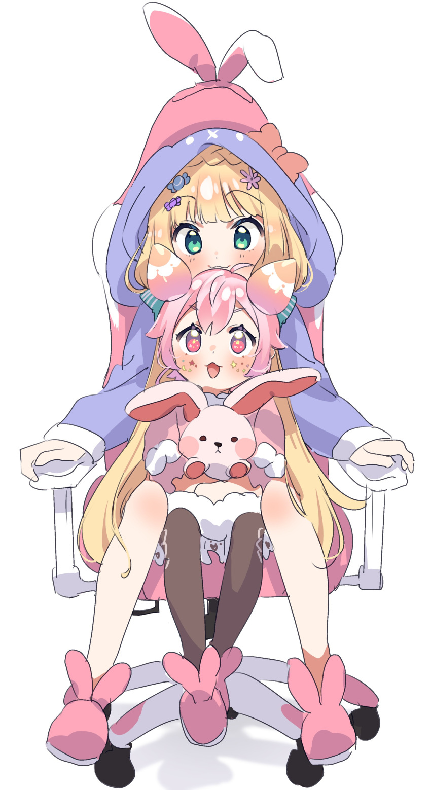 2girls absurdres ahoge animal_ears bangs blonde_hair blunt_bangs blush bunny_ears chair facial_mark full_body green_eyes hair_between_eyes hair_ornament highres kuma_daigorou long_hair long_sleeves looking_at_viewer mononobe_alice multiple_girls nijisanji open_mouth pink_hair purple_eyes purple_hoodie simple_background sitting sketch slippers star star-shaped_pupils stuffed_animal stuffed_bunny stuffed_toy symbol-shaped_pupils ushimi_ichigo virtual_youtuber white_background