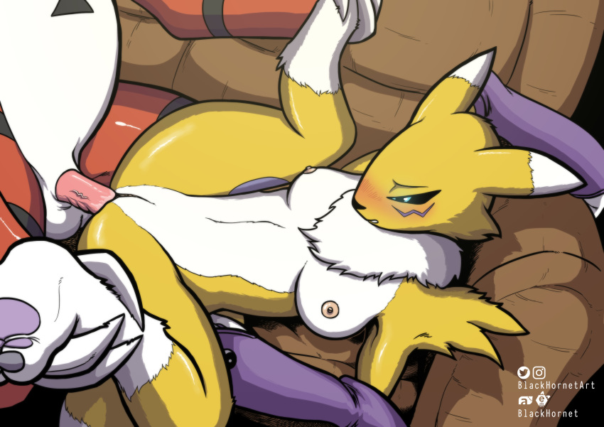 absurd_res anthro armwear balls black_sclera blackhornet blue_eyes blush breasts canid claws clothing digimon digimon_(species) duo facial_markings female fur furniture genitals guilmon head_markings hi_res lying male male/female mammal markings mostly_nude neck_tuft nipples penetrating_pussy penetration penis renamon sofa spread_legs spreading tuft yellow_body yellow_fur