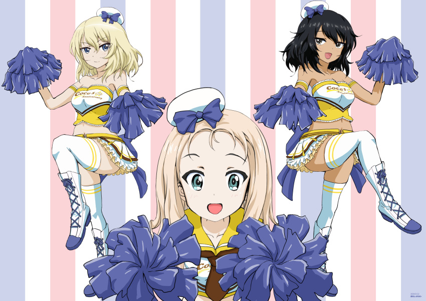3girls :d absurdres alternate_costume andou_(girls_und_panzer) armband artist_name bangs beret black_hair black_neckwear blonde_hair blue_background blue_bow blue_eyes boots bow brown_eyes cheerleader closed_mouth clothes_writing commentary cross-laced_footwear dark_skin dated double_horizontal_stripe drill_hair english_text eyebrows_visible_through_hair girls_und_panzer green_eyes half-closed_eyes hat hat_bow highres holding holding_pom_poms lace lace-trimmed_shirt lace-up_boots leg_up logo long_hair looking_at_viewer marie_(girls_und_panzer) medium_hair messy_hair midriff mini_hat miniskirt multicolored multicolored_background multiple_girls navel neckerchief open_mouth oshida_(girls_und_panzer) pleated_skirt pom_poms red_background sailor_collar shirt skirt smile standing standing_on_one_leg strapless striped striped_background symmetry thighhighs tilted_headwear tonan_leopard tubetop white_footwear white_headwear white_legwear white_shirt white_skirt