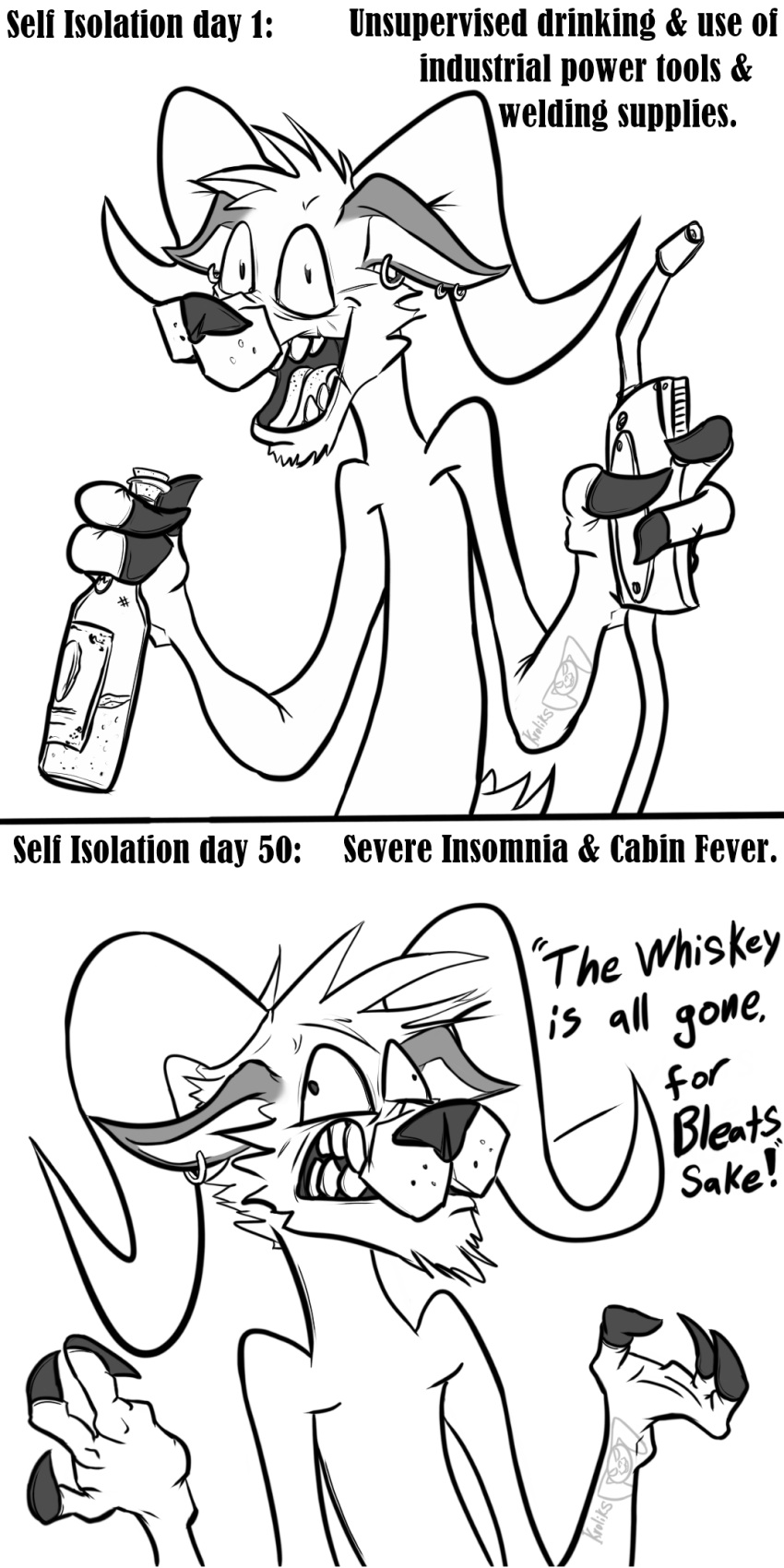 1:2 2020 alcohol alpha_channel annoyed anthro beard beverage bottle bovid caprine clenched_teeth damaged digital_drawing_(artwork) digital_media_(artwork) ear_piercing english_text facial_hair front_view frown fur goat grin hi_res hooves horn krolik looking_at_viewer male mammal monochrome open_mouth piercing portrait pose scar signature smile solo standing teeth text three-quarter_portrait tongue tools welder