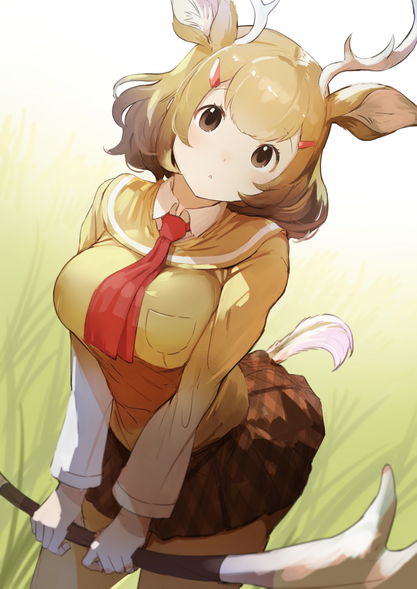 1girl animal_ears blush brown_eyes collared_shirt commentary_request cowboy_shot deer_antlers deer_ears deer_girl deer_tail eyebrows_visible_through_hair hair_ornament hairclip highres kemono_friends koruse light_brown_hair long_sleeves looking_at_viewer mule_deer_(kemono_friends) necktie red_neckwear sailor_collar shirt short_hair solo sweater weapon white_shirt