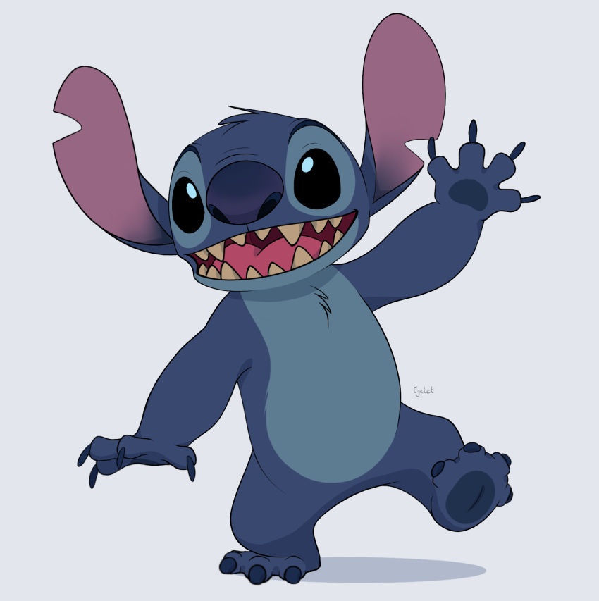 2020 4_fingers 4_toes alien ambiguous_gender black_eyes blackoutlet blue_body blue_claws blue_fur blue_nose blue_pawpads cel_shading chest_tuft claws disney experiment_(lilo_and_stitch) fingers full-length_portrait fur head_tuft hi_res lilo_and_stitch looking_at_viewer notched_ear on_model open_mouth open_smile pawpads portrait raised_leg signature smile solo stitch_(lilo_and_stitch) toes tuft
