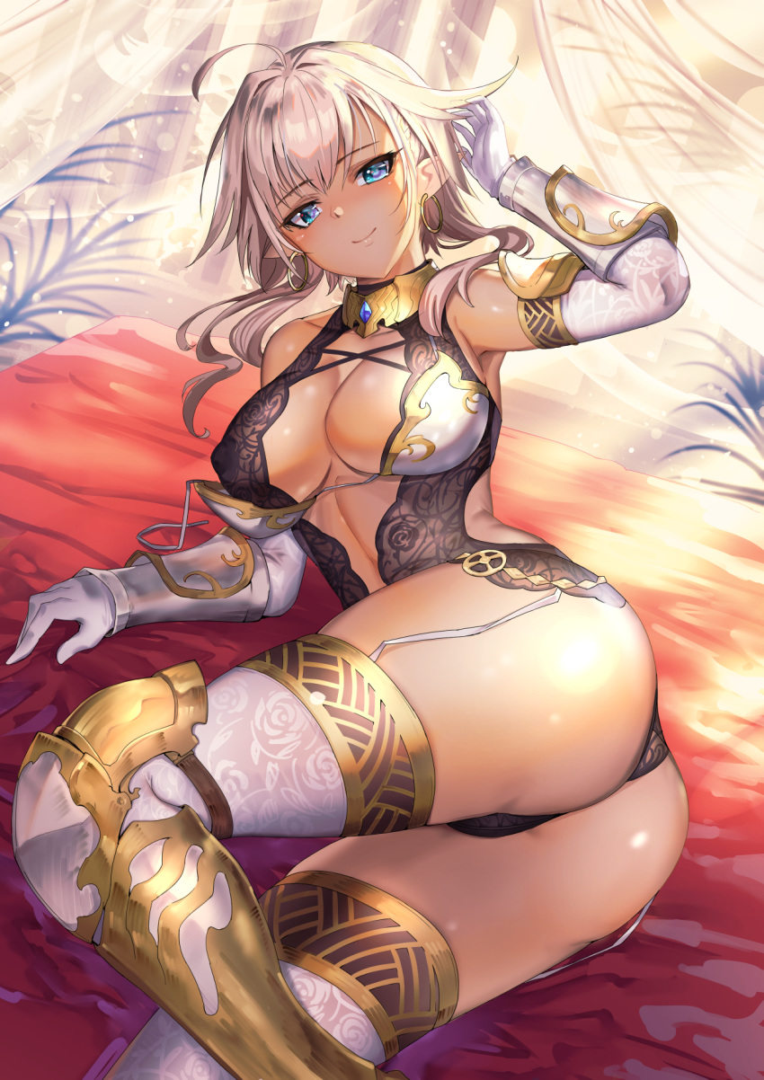 1girl ahoge armor armored_boots ass bangs bare_shoulders blue_eyes blush boots breasts cleavage commentary_request covered_nipples dark_elf dark_skin earrings elbow_gloves elf eyebrows_visible_through_hair floral_print garter_straps gloves highres hoop_earrings jewelry large_breasts long_hair looking_at_viewer lying matsumoto_mitsuaki on_side original pointy_ears shiny shiny_hair shiny_skin short_hair simple_background smile solo thighhighs thighs vambraces white_gloves white_legwear