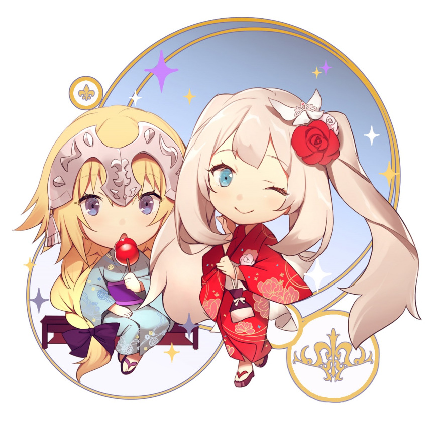 2girls alternate_costume blonde_hair blue_dress blue_ribbon braid chibi dress eyebrows_visible_through_hair fate/apocrypha fate/grand_order fate_(series) flower hair_flower hair_ornament japanese_clothes jeanne_d'arc_(fate) jeanne_d'arc_(fate)_(all) long_hair long_sleeves marie_antoinette_(fate/grand_order) multiple_girls no-kan one_eye_closed open_mouth puffy_sleeves purple_eyes red_flower red_rose ribbon rose sandals silver_hair smile