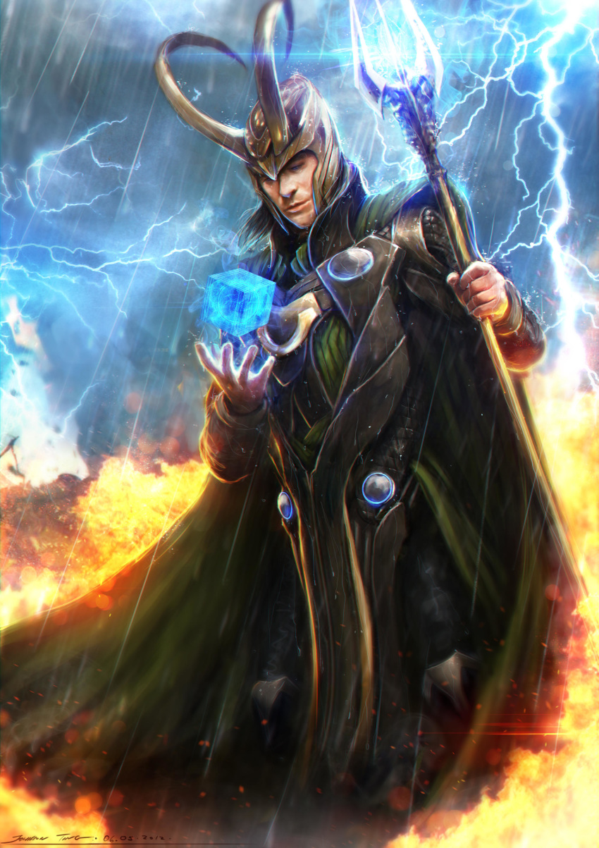 1boy absurdres cape cloud fire floating floating_object glowing green_cape helmet highres holding holding_scepter horned_headwear horned_helmet johnson_ting lightning loki_(marvel) marvel scepter solo storm tagme