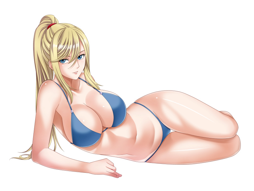 1girl absurdres bikini blonde_hair blue_bikini blue_eyes breasts cleavage commentary_request full_body highres large_breasts long_hair looking_at_viewer lying metroid on_side ponytail samus_aran simple_background solo super_smash_bros. swimsuit tamamon white_background