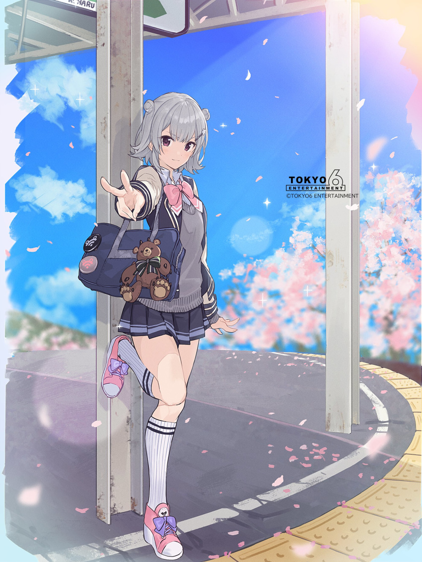 1girl absurdres ascot badge bag blue_skirt blue_sky character_doll cherry_blossoms commentary company_name double_bun falling_petals full_body grey_hair grey_sweater hair_bun highres i-beam jacket kneehighs koharu_rikka lakiston leaning_on_object leg_up logo looking_at_viewer miniskirt outstretched_arm pink_footwear pink_neckwear ribbed_sweater scenery shoes short_hair shoulder_bag skirt sky smile sneakers sparkle stuffed_animal stuffed_toy sweater tactile_paving teddy_bear teshima_nari train_station tree v v-shaped_eyebrows voiceroid wedge_heels