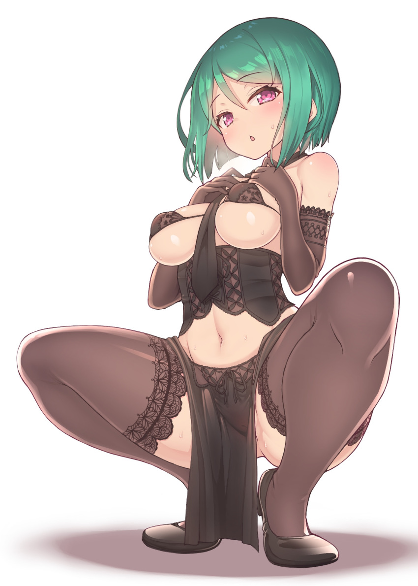 1girl bare_shoulders black_bra black_corset black_footwear black_gloves black_legwear blush bob_cut bra breasts chihaya_72 corset elbow_gloves eyebrows_visible_through_hair gloves green_hair hair_between_eyes highres kiratto_pri_chan lace lace-trimmed_legwear lace_trim looking_at_viewer midorikawa_sara navel necktie open_mouth pelvic_curtain pink_eyes pretty_(series) short_hair solo squatting sweat thighhighs underwear