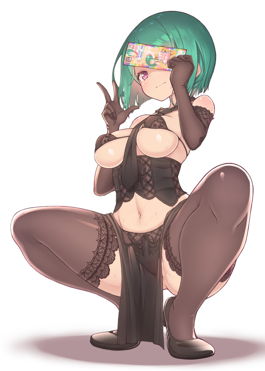 1girl bare_shoulders black_bra black_corset black_footwear black_gloves black_legwear blush bob_cut bra breasts chihaya_72 closed_mouth corset elbow_gloves eyebrows_visible_through_hair gloves green_hair hair_between_eyes hand_up highres kiratto_pri_chan lace lace-trimmed_legwear lace_trim looking_at_viewer midorikawa_sara navel necktie pelvic_curtain pink_eyes pretty_(series) short_hair smile solo squatting sweat thighhighs underwear v