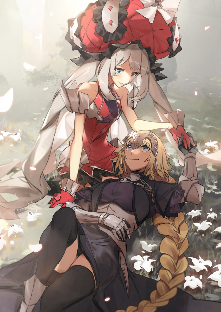2girls armor armored_dress blonde_hair braid capelet chain closed_eyes dress eye_contact eyebrows_visible_through_hair fate/apocrypha fate/grand_order fate_(series) faulds field flower flower_field gauntlets gloves hair_ribbon headpiece highres jeanne_d'arc_(fate) jeanne_d'arc_(fate)_(all) long_braid long_hair looking_at_another lying marie_antoinette_(fate/grand_order) multiple_girls no-kan on_back red_dress red_gloves red_headwear ribbon short_dress silver_hair single_braid sleeveless sleeveless_dress twintails very_long_hair