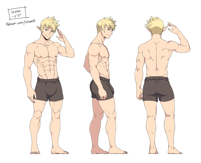 1boy abs back blonde_hair boxers bulge character_name elders'_floating_temple elf from_side height highres ichan-desu looking_at_viewer muscle nipples patreon_username pectorals pointy_ears simple_background solo underwear white_background