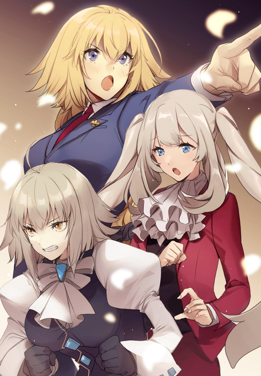 3girls black_ribbon black_vest blonde_hair blue_eyes blue_jacket blue_suit braid cosplay eyebrows_visible_through_hair fate/apocrypha fate/grand_order fate_(series) formal gyakuten_saiban highres jacket jeanne_d'arc_(alter)_(fate) jeanne_d'arc_(fate) jeanne_d'arc_(fate)_(all) long_braid long_hair marie_antoinette_(fate/grand_order) mitsurugi_reiji mitsurugi_reiji_(cosplay) multiple_girls naruhodou_ryuuichi naruhodou_ryuuichi_(cosplay) necktie no-kan open_clothes open_jacket open_mouth pants purple_eyes red_jacket red_suit ribbon silver_hair simple_background suit suit_jacket twintails vest