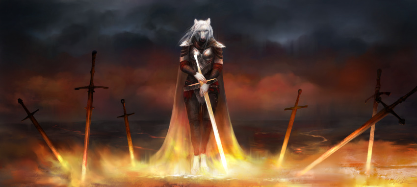 2020 anthro armor canid canine canis clothed clothing day detailed_background digital_media_(artwork) female hi_res mammal melee_weapon outside solo sword weapon wolf wolnir