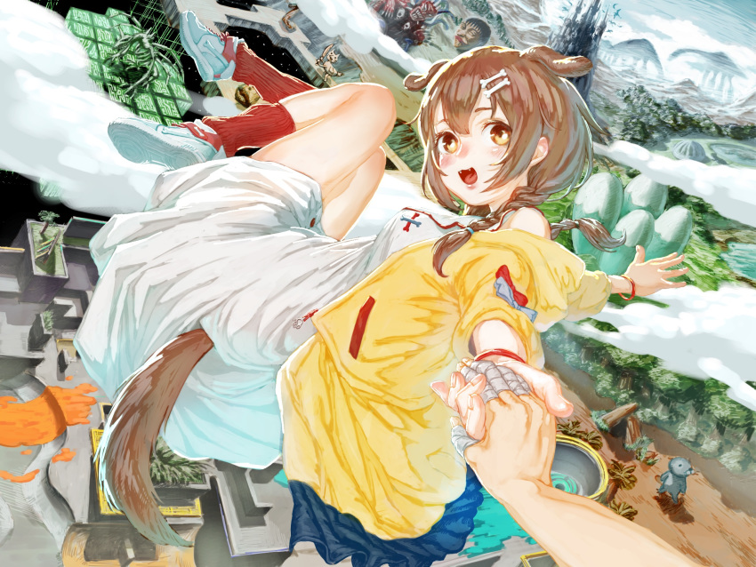 animal_ears bandaged_fingers bandages beaver bone_hair_ornament bracelet braid brown_hair cleanliness_ing cloud dinosaur dog_ears dog_girl dog_tail dress fang fantasy glowing_floor highres holding_hand holding_hands hololive inugami_korone jacket jewelry looking_at_viewer maze outdoors pov pyuu_to_fuku!_jaguar red_legwear shoes smile sneakers tail twin_braids virtual_youtuber white_dress yellow_eyes yellow_jacket