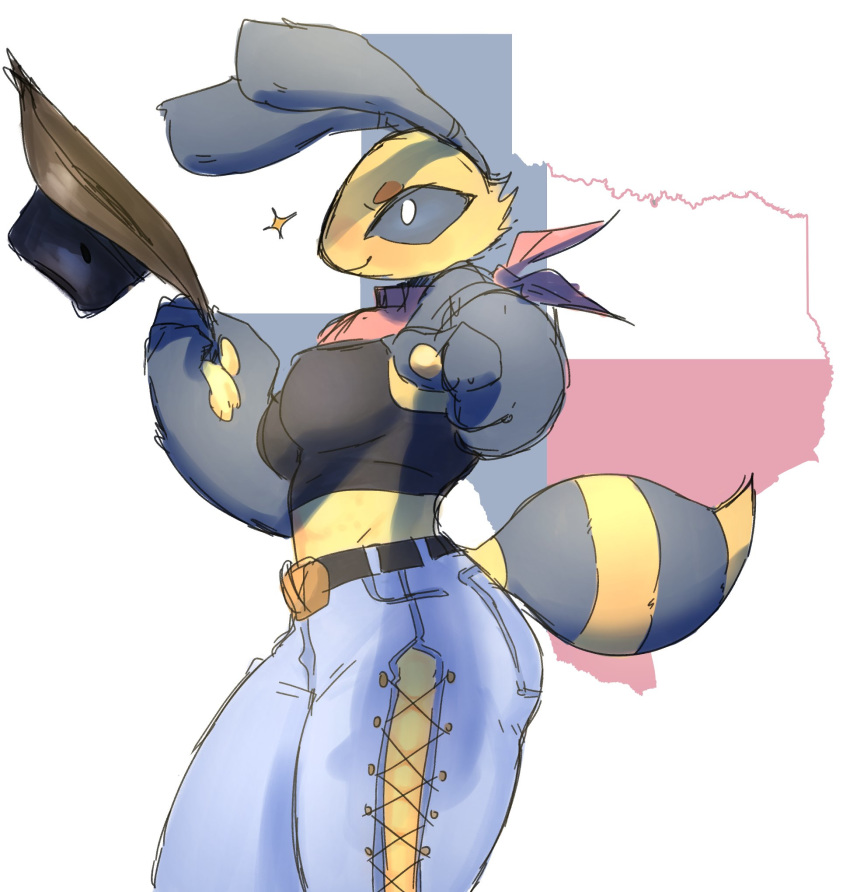 anthro arthropod bandanna bee belt blush bottomwear breasts clothing cowboy_hat cowgirl_outfit female gesture goonie-san hat headgear headwear hi_res hymenopteran insect jeans looking_at_viewer mercy_(goonie-san) midriff non-mammal_breasts pants pawpads pointing pointing_at_viewer solo split_pants texas thick_thighs tight_clothing tight_jeans