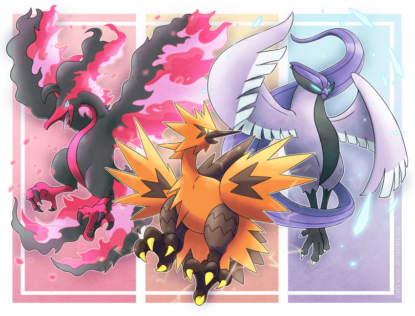 absurdres albrt-wlson bird bird_focus commentary creature english_commentary flying full_body galarian_articuno galarian_form galarian_moltres galarian_zapdos gen_8_pokemon highres legendary_pokemon looking_at_viewer no_humans pokemon pokemon_(creature)