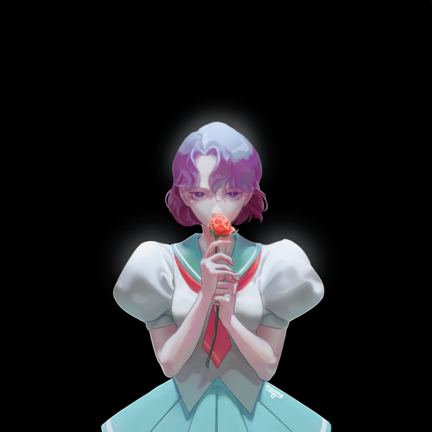 1girl black_background bloom covered_mouth cowboy_shot flower green_skirt highres holding holding_flower looking_at_viewer merong_8p ootori_gakuen_school_uniform puffy_sleeves purple_eyes purple_hair red_neckwear rose school_uniform short_hair shoujo_kakumei_utena skirt solo takatsuki_shiori