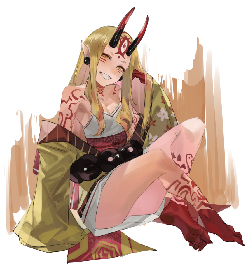 1girl bare_shoulders blazpu blush breasts collarbone facial_mark fate/grand_order fate_(series) fingernails forehead_mark highres horns ibaraki_douji_(fate/grand_order) japanese_clothes kimono long_hair long_sleeves looking_at_viewer oni oni_horns pointy_ears sharp_fingernails small_breasts smile solo tattoo white_background yellow_eyes yellow_kimono