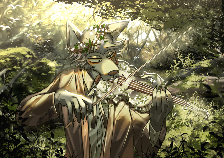 2020 amazing_background ambient_bird anthro arthurtng avian beastars bird bowed_string_instrument canid canine canis cheek_tuft clothed clothing detailed detailed_background facial_tuft flower flower_crown fur grey_body grey_fur group hi_res holding_musical_instrument holding_object legoshi_(beastars) light male mammal musical_instrument outside plant playing_music playing_violin solo solo_focus string_instrument sunlight tuft violin wolf