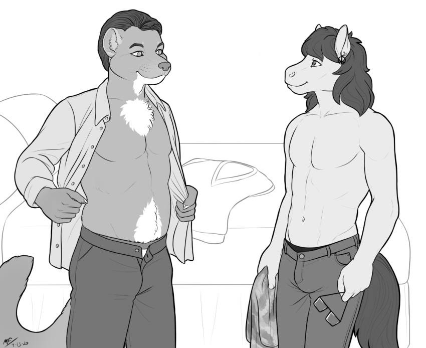 anthro bed clothed clothing conditional_dnp duo ear_piercing ear_ring equid equine eyewear furniture glasses horse leaning male male/male mammal mink monochrome moodyferret muscular mustelid musteline peace_sign_(disambiguation) piercing pony sandy topless unbuttoned undressing wayward_pony