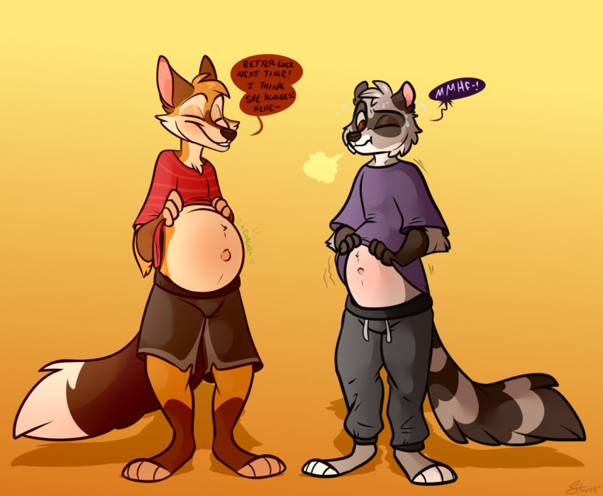 anthro bottomwear canid canine clothed clothing clothing_lift comparing duo fox male male/male male_pregnancy mammal pants pregnant procyonid pupperstar raccoon shirt shirt_lift shorts speech_bubble standing text topwear