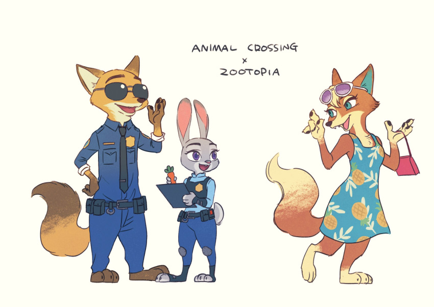 2020 animal_crossing anthro audie_(animal_crossing) bibio bottomwear canid canine canis clothed clothing crossover disney english_text female fox fully_clothed fur grey_body grey_fur group hi_res judy_hopps lagomorph leporid male mammal necktie nick_wilde nintendo open_mouth open_smile orange_body orange_fur pants police_uniform rabbit red_fox shirt simple_background smile text topwear uniform video_games white_background wolf zootopia