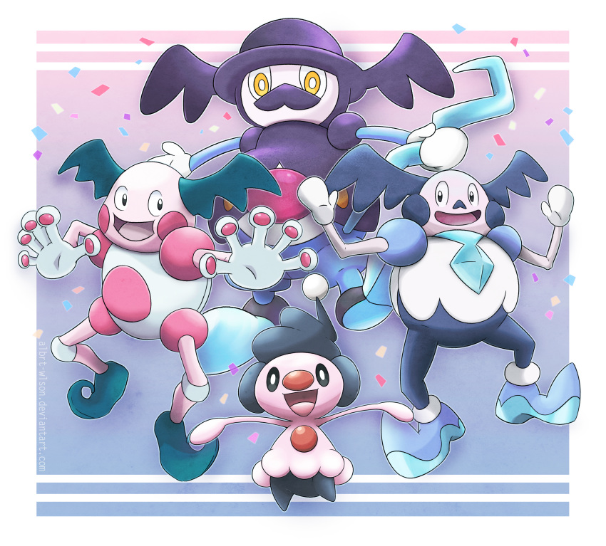 :d absurdres albrt-wlson black_eyes commentary creature english_commentary full_body galarian_and_normal galarian_form galarian_mr._mime gen_1_pokemon gen_4_pokemon gen_8_pokemon happy highres looking_at_viewer mime_jr. mr._mime mr._rime no_humans open_arms open_mouth pokemon pokemon_(creature) purple_background simple_background smile standing yellow_eyes