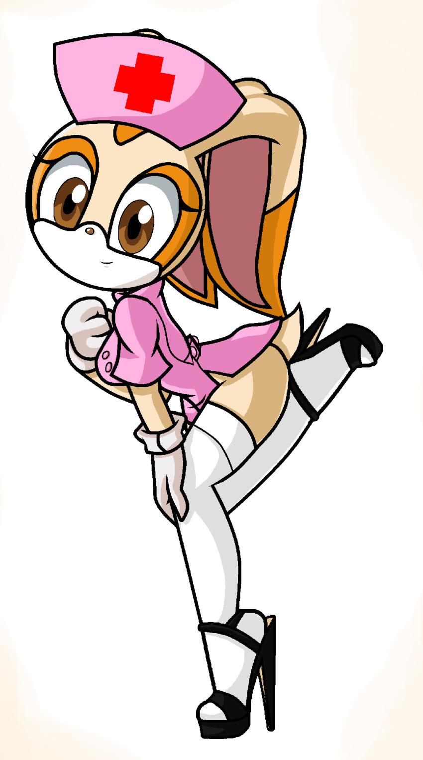 2012 anthro breasts clothing cream_the_rabbit female footwear hi_res high_heels lagomorph legwear leporid looking_at_viewer mammal nurse pyruvate rabbit shoes simple_background solo sonic_the_hedgehog_(series) thigh_highs white_background