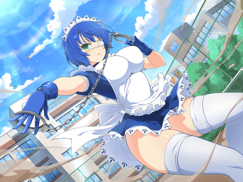 eyepatch ikkitousen ikkitousen_western_wolves maid ryomou_shimei senran_kagura senran_kagura:_new_link skirt_lift thighhighs yaegashi_nan