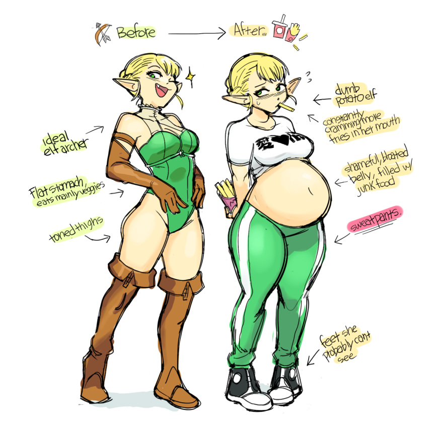 1:1 belly blonde_hair boots breasts clothing dr--worm elf elf-san_wa_yaserarenai. english_text erufuda_(elf-san_wa_yaserarenai.) female food footwear fries green_clothing hair hi_res humanoid not_furry overweight simple_background solo text tracksuit white_background wide_hips