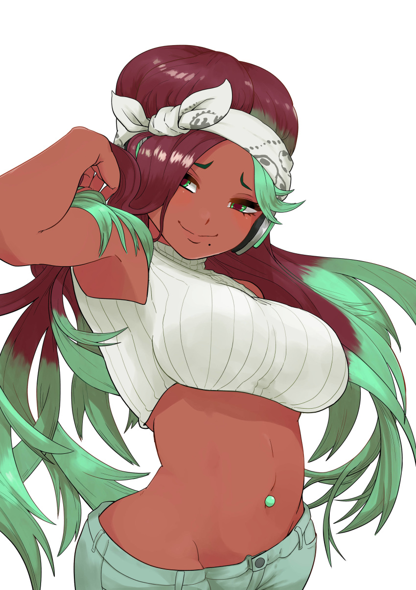 1girl absurdres aqua_eyes aqua_hair bandana bare_arms bare_shoulders breasts closed_mouth crop_top dark_skin furrowed_eyebrows gomesu_(gomes0343) groin hair_lift headphones highres humanization iida_(splatoon) large_breasts long_hair mole mole_under_mouth multicolored_hair navel navel_piercing piercing purple_hair simple_background sleeveless sleeveless_turtleneck smile solo splatoon_(series) splatoon_2 splatoon_2:_octo_expansion turtleneck two-tone_hair very_long_hair white_background white_bandana