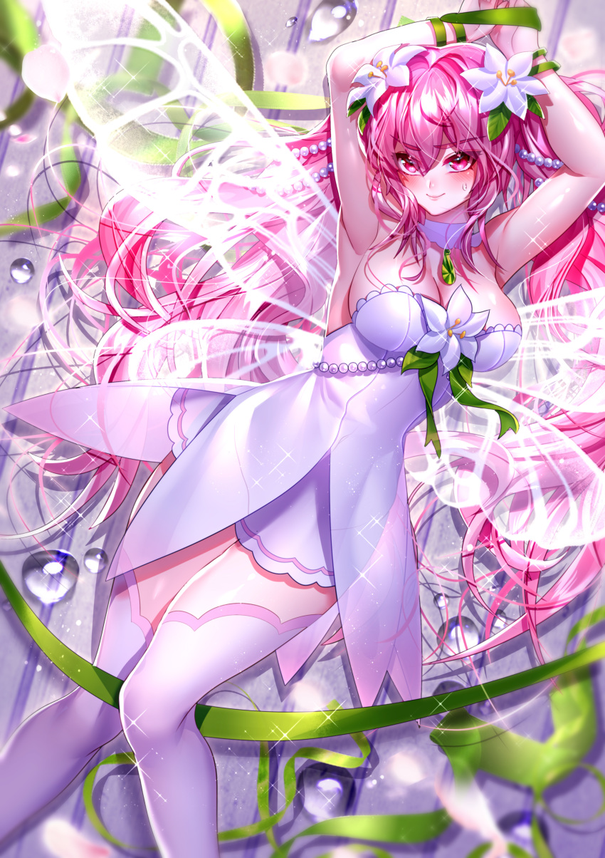 1girl absurdres alternate_hair_color arms_up bangs been blush breasts butterfly_wings choker cleavage closed_mouth dress elesis_(elsword) elsword eyebrows_visible_through_hair fairy flower green_ribbon hair_between_eyes hair_flower hair_ornament highres large_breasts layered_dress long_hair looking_at_viewer pink_eyes pink_hair restrained ribbon shiny shiny_hair shiny_skin short_dress sleeveless sleeveless_dress smile solo sparkle strapless strapless_dress sweatdrop thighhighs transparent_wings twintails very_long_hair white_dress white_flower white_legwear white_wings wings zettai_ryouiki