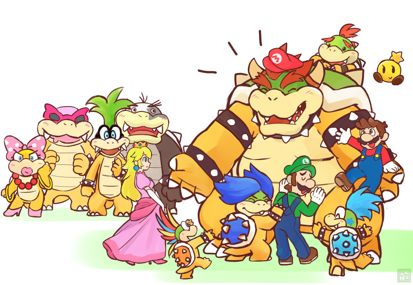 2020 anthro bowser bowser_jr. claws clothing eyes_closed eyewear facial_hair female glasses group hair hat headgear headwear hi_res hug human iggy_koopa koopa koopaling larry_koopa lates lemmy_koopa ludwig_von_koopa luigi male mammal mario_and_luigi mario_and_luigi_(series) mario_bros morton_koopa_jr. mustache nintendo overalls overweight princess_peach roy_koopa scalie shell shirt simple_background starlow sunglasses topwear video_games wendy_o._koopa white_background yellow_body