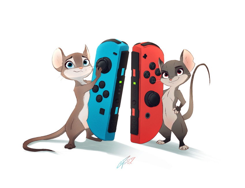 2020 absurd_res anthro brown_body brown_fur controller duo featureless_crotch fur game_controller grey_body grey_fur hi_res joycon_controller looking_at_viewer mammal mouse murid murine nintendo nintendo_controller nintendo_switch notched_ear nude pointedfox pose rodent signature simple_background smile standing video_games whiskers white_background