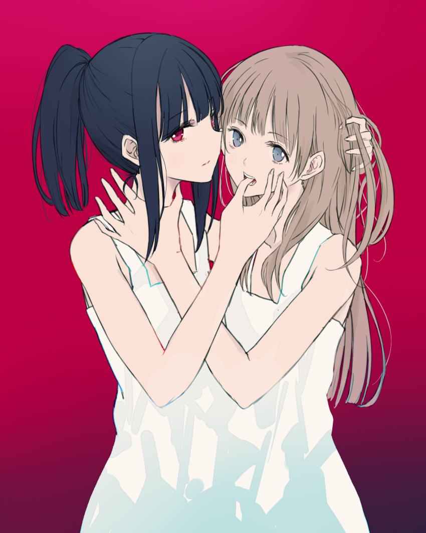 2girls bangs black_hair blue_eyes blunt_bangs brown_hair closed_mouth commentary cowboy_shot dress eyebrows_visible_through_hair finger_in_another's_mouth gradient gradient_background hand_on_another's_head high_ponytail highres long_hair looking_at_viewer maromi_(am97) multiple_girls open_mouth original pinafore_dress red_background red_eyes sidelocks sleeveless sleeveless_dress white_dress yuri