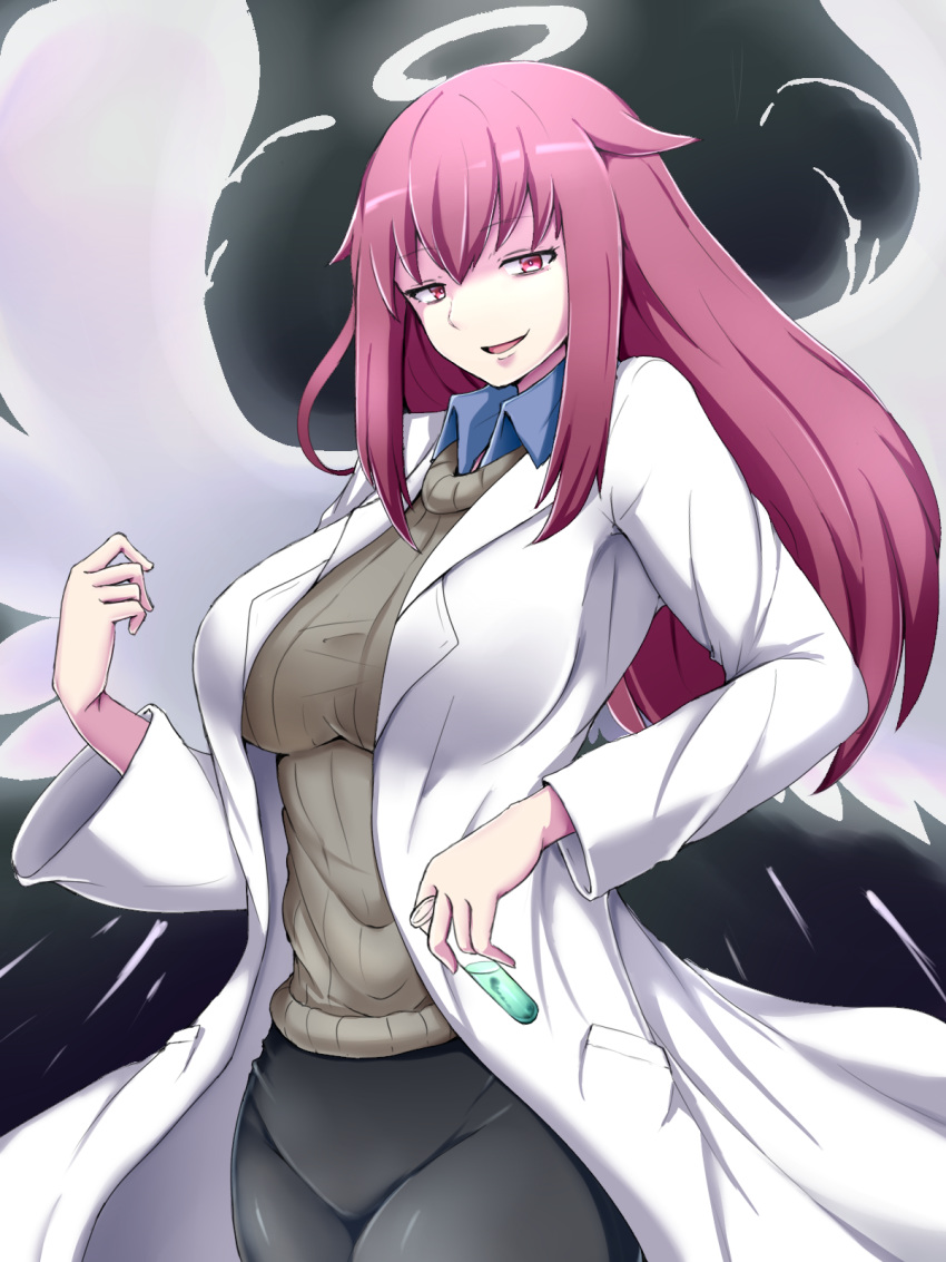 1girl angel_wings bangs black_background breasts collared_shirt commentary_request cowboy_shot eyebrows_visible_through_hair hair_between_eyes half-closed_eyes halo highres holding holding_test_tube labcoat large_breasts long_hair looking_at_viewer mon-musu_quest! open_mouth promestein raichi_(ddq0246) red_eyes red_hair shirt sidelocks simple_background smile solo sweater test_tube wing_collar wings