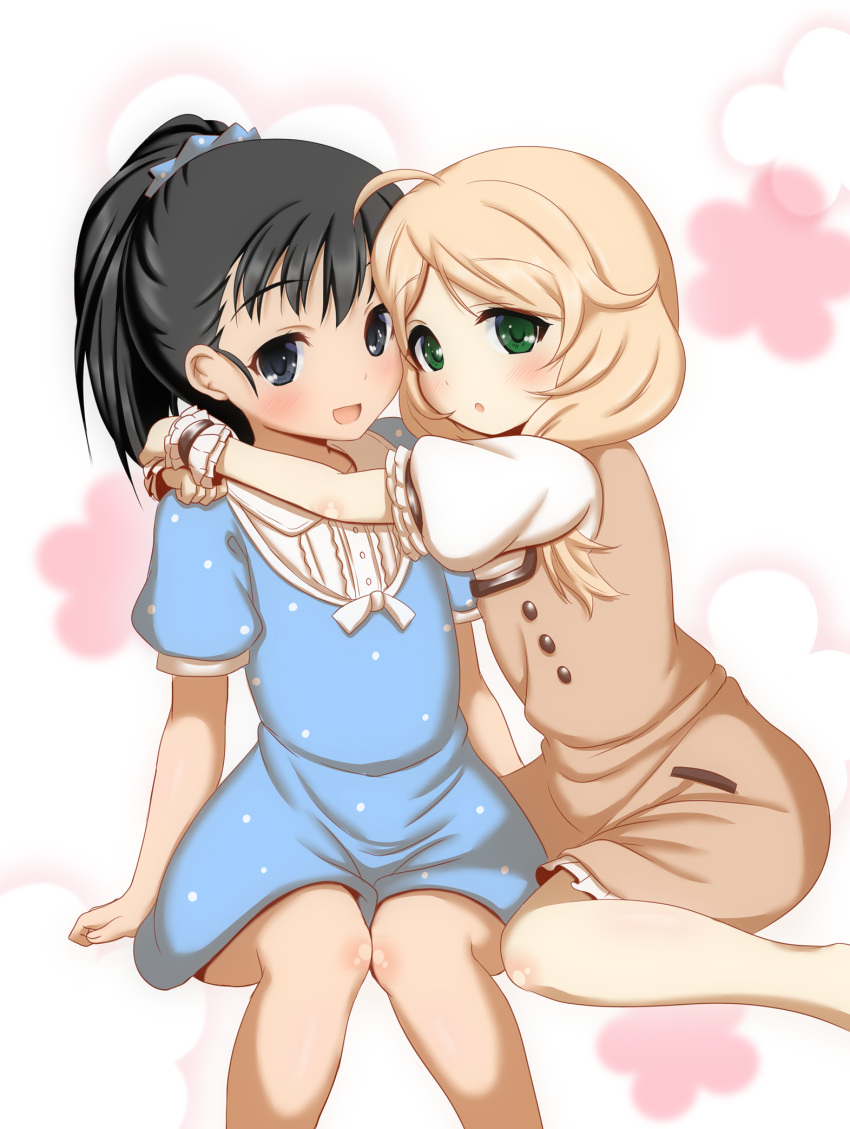 2girls ahoge black_eyes black_hair blonde_hair blue_dress brown_dress dress face-to-face fukuyama_mai green_eyes highres hosizora_mikoto hug idolmaster idolmaster_cinderella_girls long_hair low_twintails multiple_girls open_mouth polka_dot polka_dot_dress ponytail shirt short_sleeves sitting smile twintails white_shirt wrist_cuffs yusa_kozue