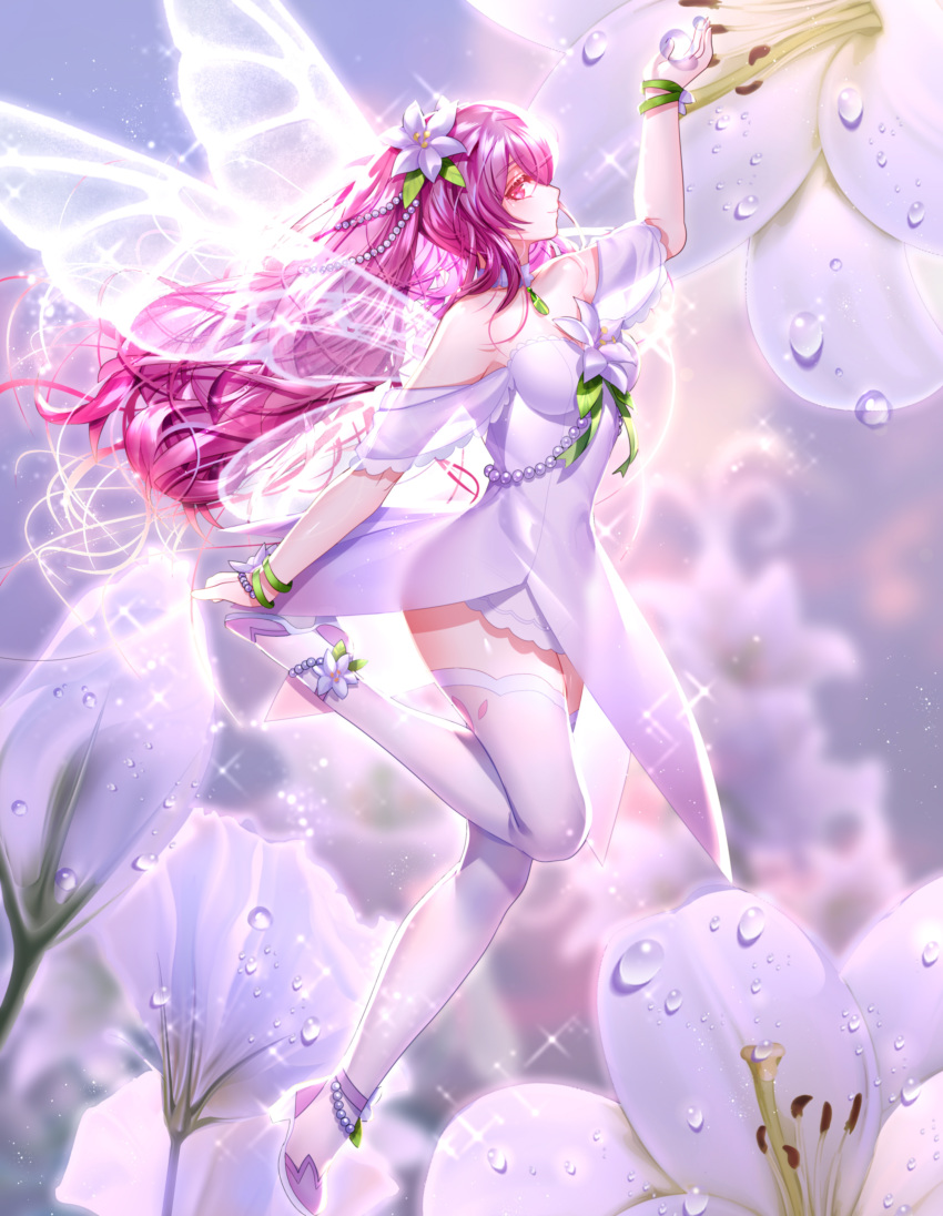 1girl absurdres alternate_hair_color ankle_flower anklet arm_up bangs been blurry blurry_background blurry_foreground butterfly_wings closed_mouth dress elesis_(elsword) elsword eyebrows_visible_through_hair fairy floating_hair flower flying from_side full_body hair_between_eyes hair_flower hair_ornament highres jewelry layered_dress long_hair pink_eyes pink_hair profile shiny shiny_hair short_dress sleeveless sleeveless_dress smile solo sparkle strapless strapless_dress thighhighs transparent_wings very_long_hair white_dress white_flower white_legwear white_wings wings