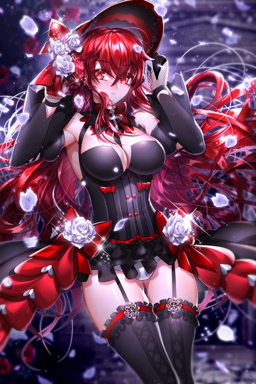 1girl absurdres ass_visible_through_thighs asymmetrical_gloves bangs been black_legwear black_sleeves breasts cleavage closed_mouth detached_sleeves elesis_(elsword) elsword eyebrows_visible_through_hair floating_hair garter_straps gloves hair_between_eyes hat highres large_breasts long_hair long_sleeves looking_at_viewer panties red_eyes red_hair red_headwear shiny shiny_hair showgirl_skirt solo standing sun_hat thigh_gap thighhighs underwear very_long_hair white_panties