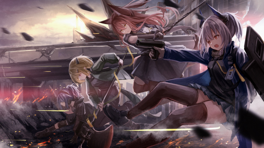 4girls animal_ears arknights black_legwear black_shirt blacksteel_worldwide_(arknights) blonde_hair blue_jacket brown_hair day franka_(arknights) grey_hair gun handgun highres holding horns jacket jessica_(arknights) knoy3356 liskarm_(arknights) long_hair long_sleeves miniskirt multiple_girls open_clothes open_jacket open_mouth orange_eyes originium_(arknights) outdoors outstretched_arm pistol pleated_skirt riot_shield shirt short_hair skirt thighhighs vanilla_(arknights) weapon zettai_ryouiki